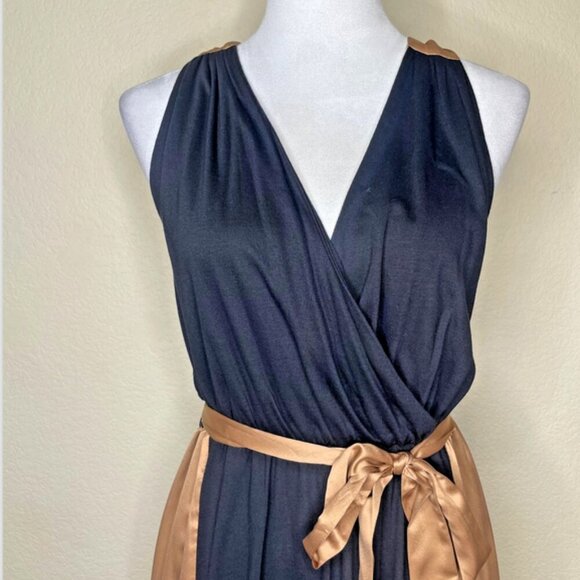 Allen Schwartz Black Ruched V-Neck Faux Silk Gold Halter Maxi Dress Size Med - Picture 2 of 10